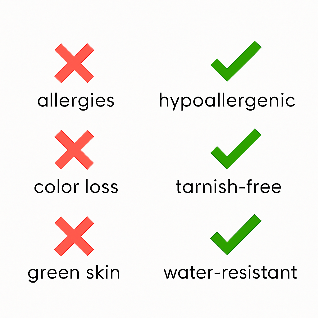 Checkmarks indicating features like hypoallergenic, tarnish-free, and water-resistant on a white background.